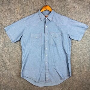 Vintage Big Mac Western Shirt Men XL (17-17.5) Blue Chambray Workwear Pearl Snap
